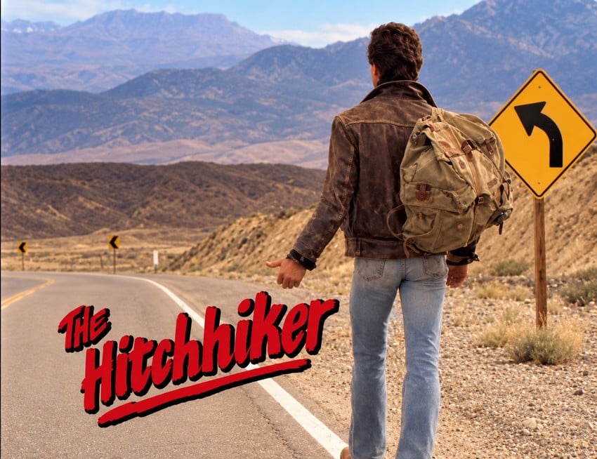 Visuel du générique de la série Le Voyageur (1983). Générique du Voyageur (The Hitchhiker, 1983), série télévisée d'anthologie fantastique et horrifique des années 1980.